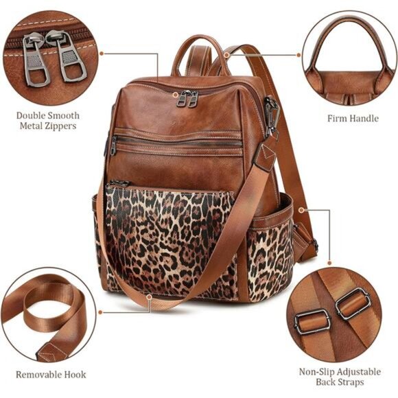 Vegan Leather Backpack for Women Leopard Brown - Picture 2 of 7